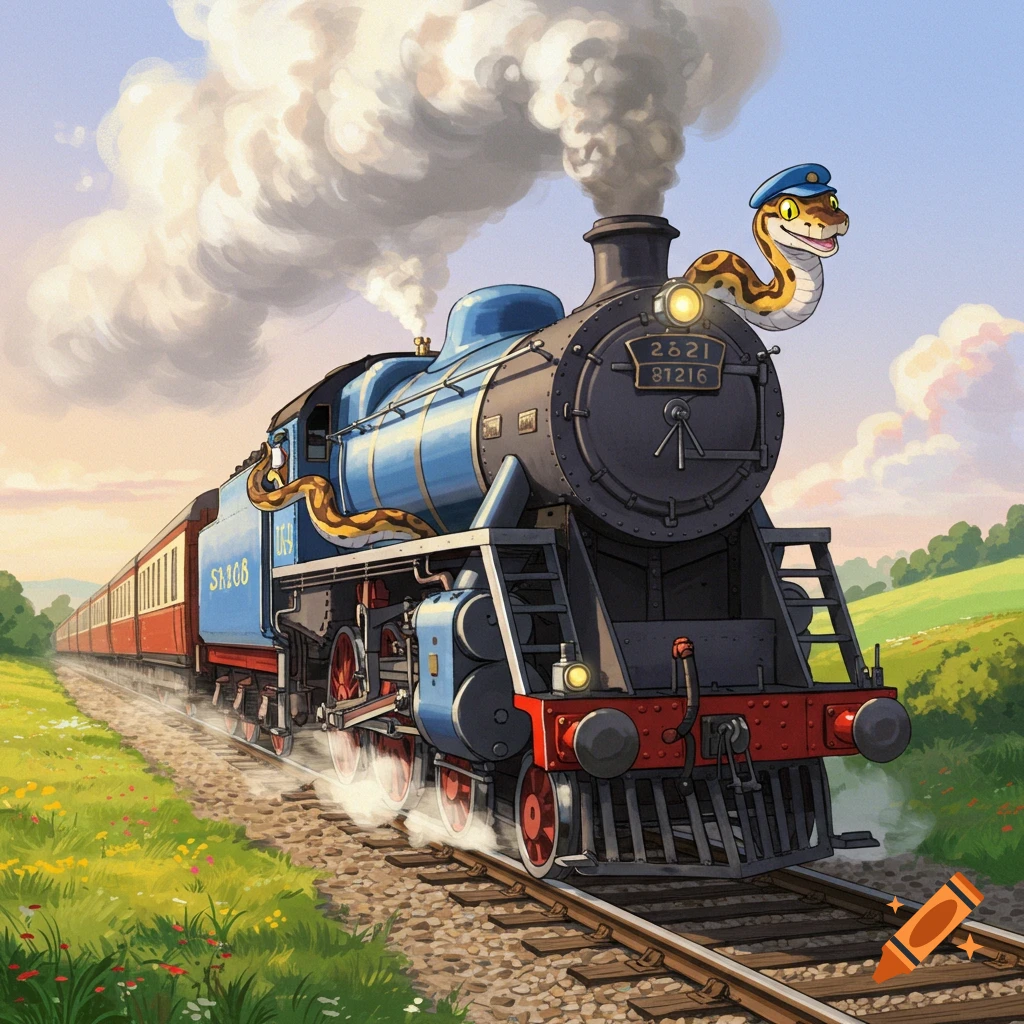 Cartoon blue steam train with a happy speckled python in an engineer's hat peeking from the cab, traveling through green fields.
