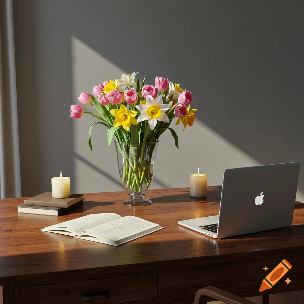 Photorealistic image of a wooden desk with a vase of colorful tulips and daffodils, two lit candles, an open book, and a silver laptop, bathed in sunlight.
