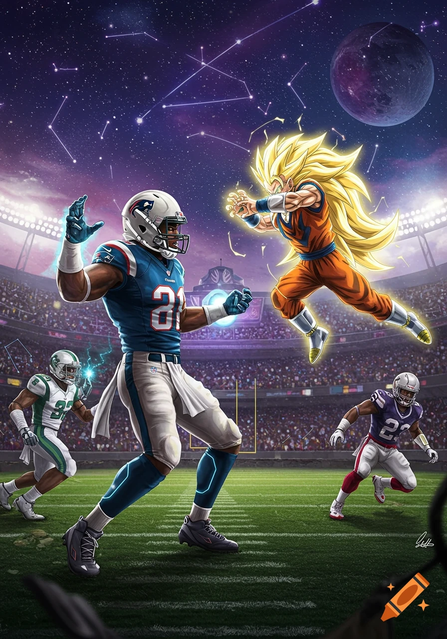 A stylized illustration of football players on a field with a Super Saiyan Goku charging energy under a cosmic night sky.