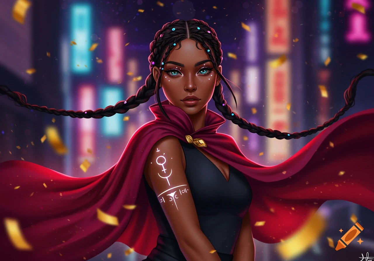 A dark-skinned woman with blue eyes, braided hair, and glowing arm markings, wearing a red cape and black top, stands against a neon-lit city backdrop with falling golden confetti, in a vibrant digital painting style.