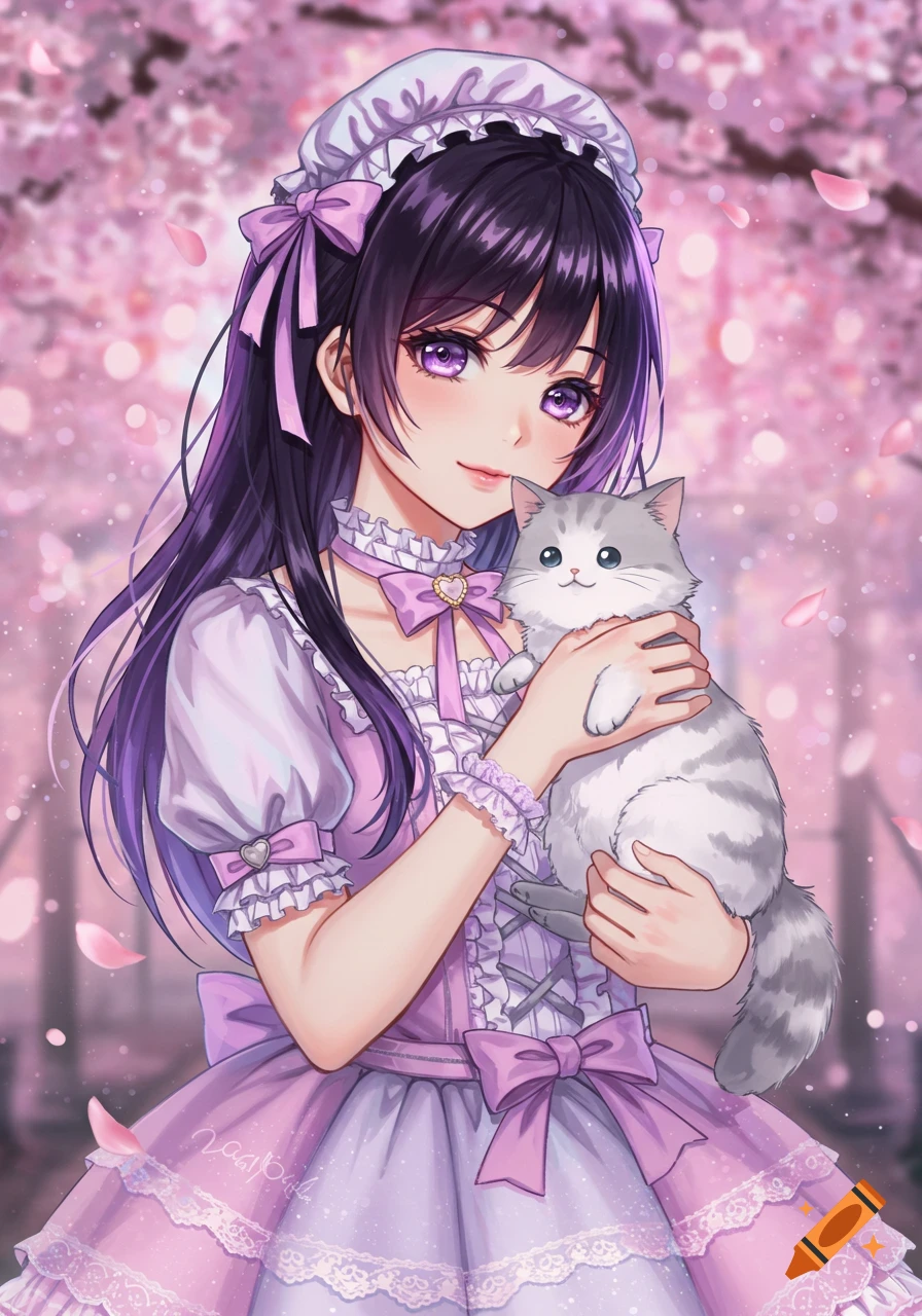 Anime girl with purple hair in a pink frilly dress and maid-like headpiece holding a gray cat under falling cherry blossoms.