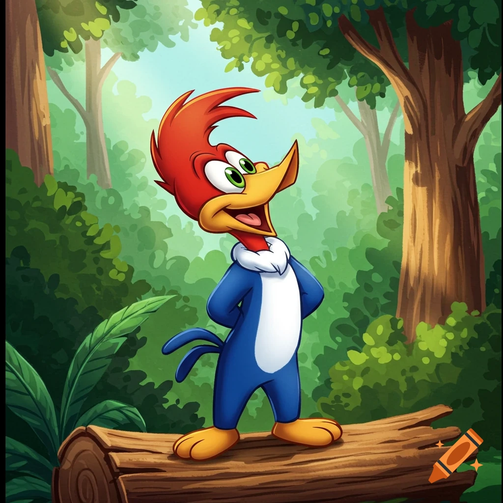 Cartoon Woody Woodpecker stands on a log in a lush green forest, smiling happily.