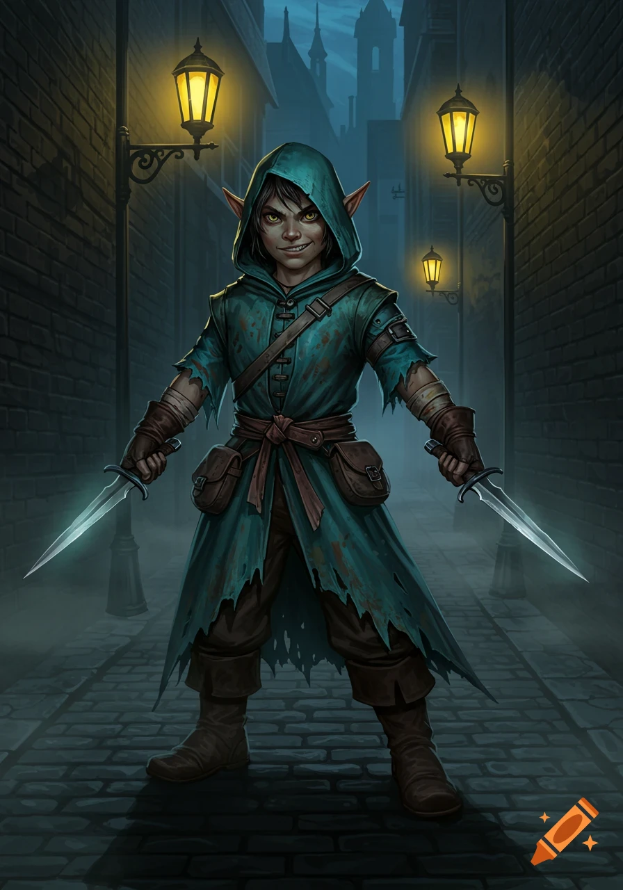 Young halfling rogue in a tattered hooded robe, holding two glowing daggers in a dark, lamp-lit alley at night, digital art.