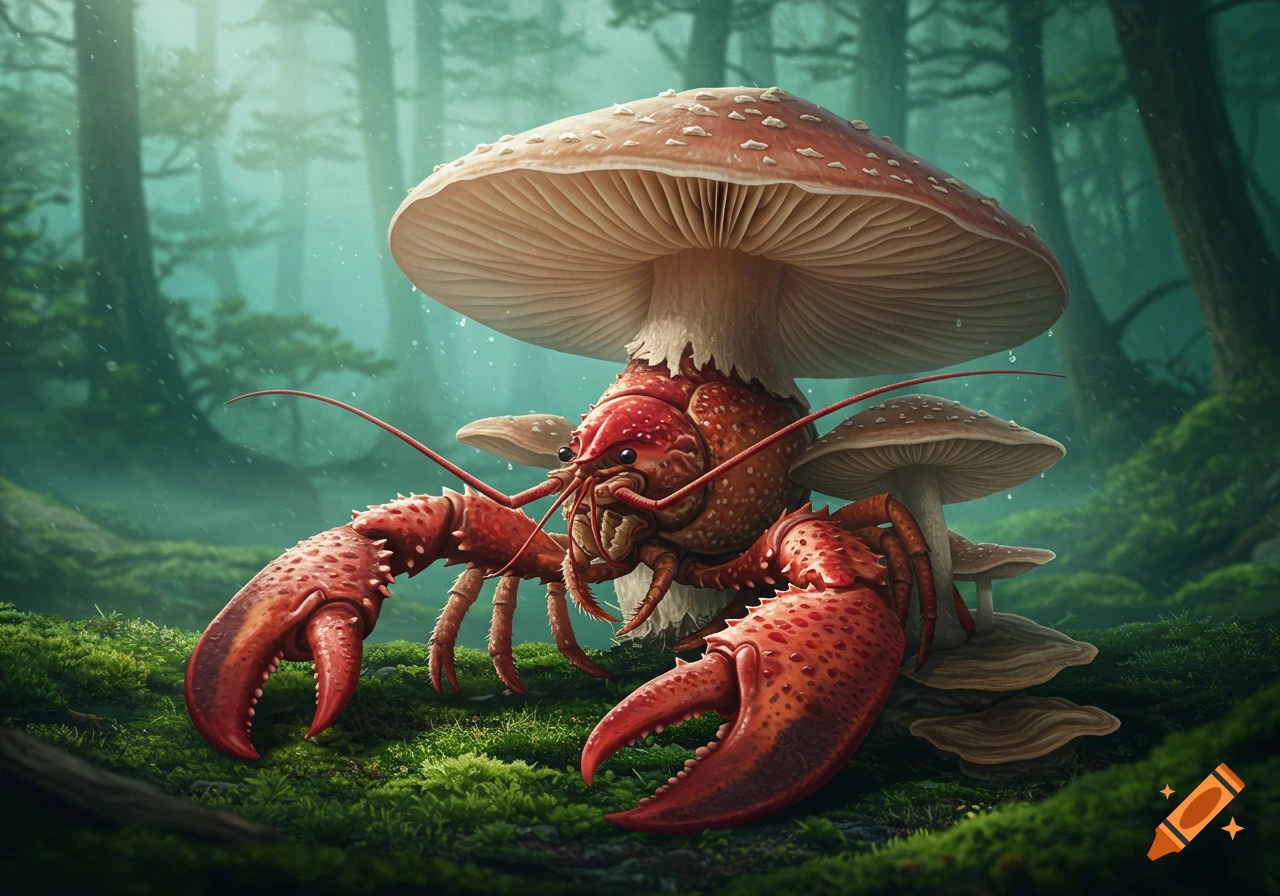 A vibrant red lobster-like creature with a mushroom cap body stands on mossy ground in a foggy forest, digital art.
