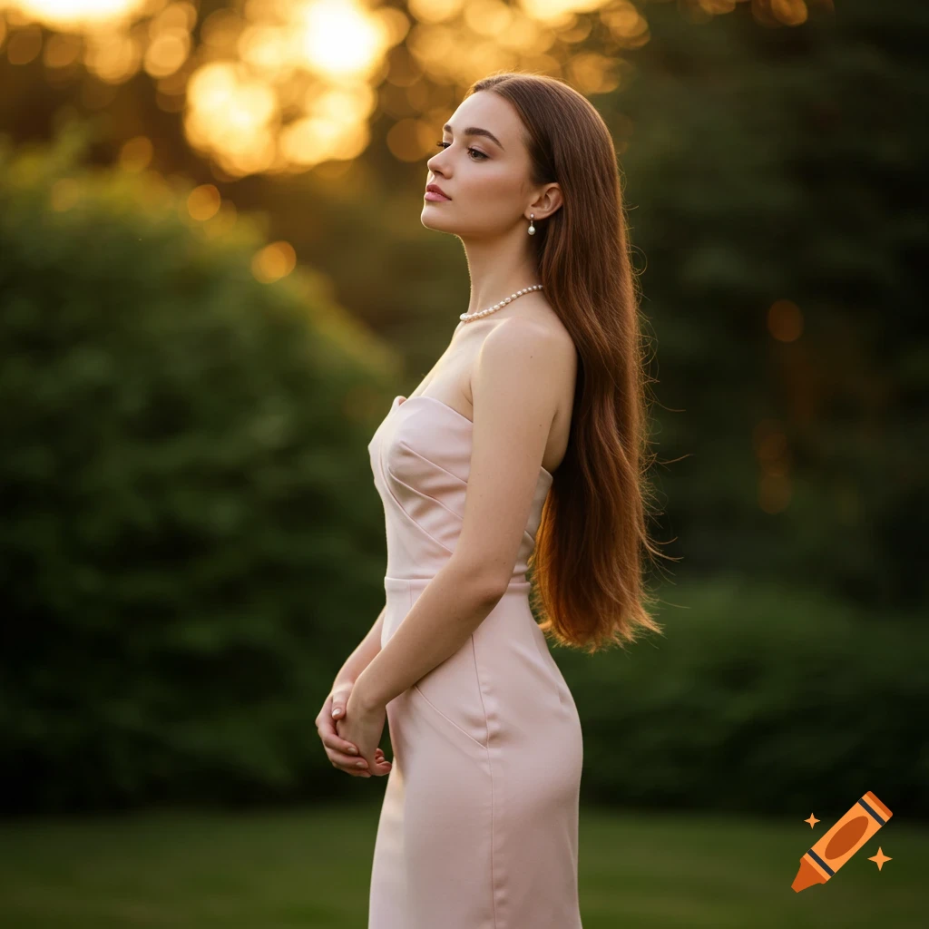 A woman with long brown hair wearing an elegant light pink strapless dress and pearls stands outdoors in golden sunset light.