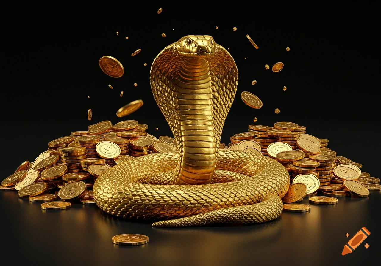 A golden cobra sits coiled amidst a large pile of gleaming gold coins on a black background, with more coins falling from above.