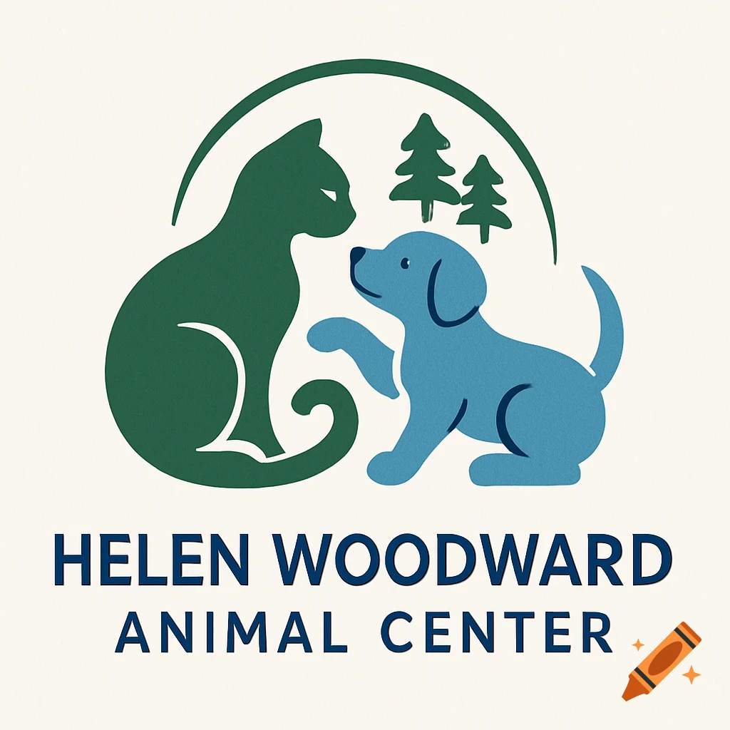 Stylized logo of a dark green cat and a blue dog with two trees and a circular arc above, with text 'HELEN WOODWARD ANIMAL CENTER' below.