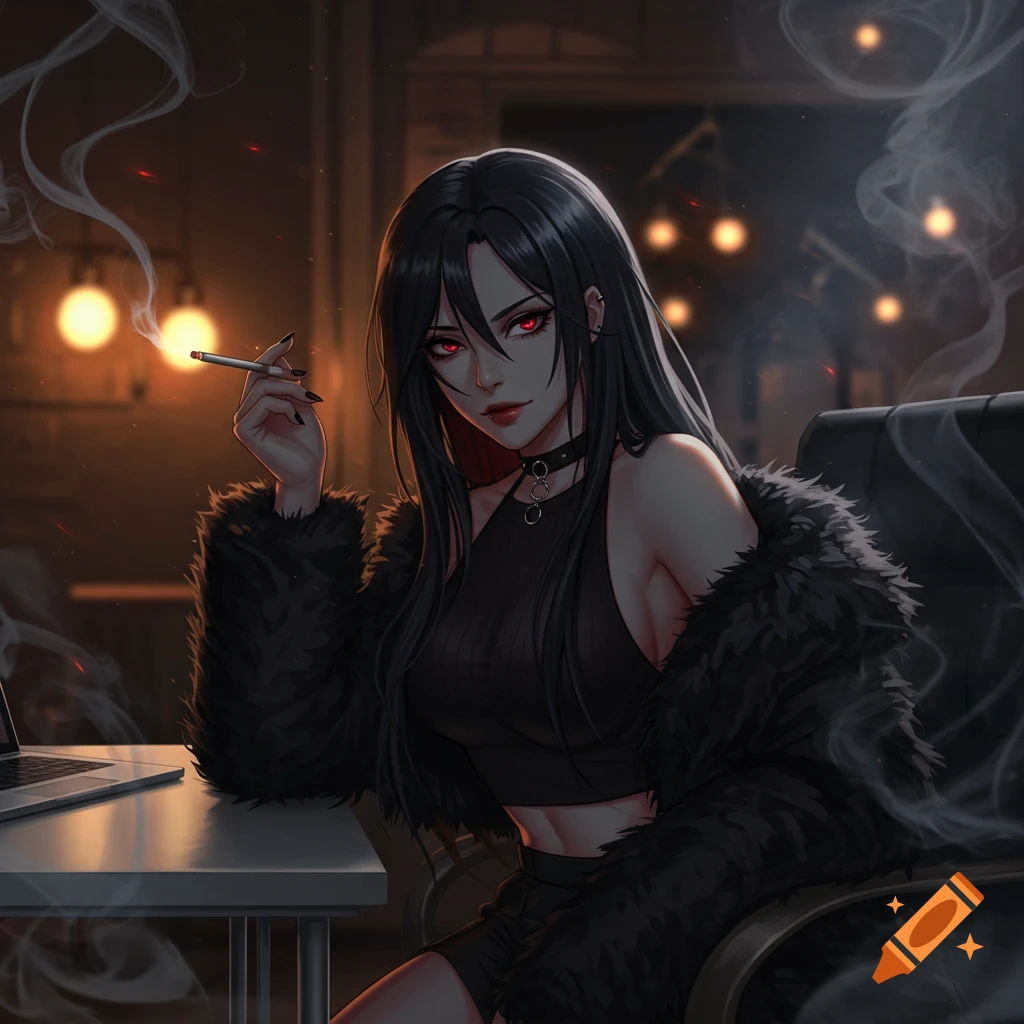 An anime woman with long black hair and red eyes sits at a desk, smoking a cigarette in a dark room.