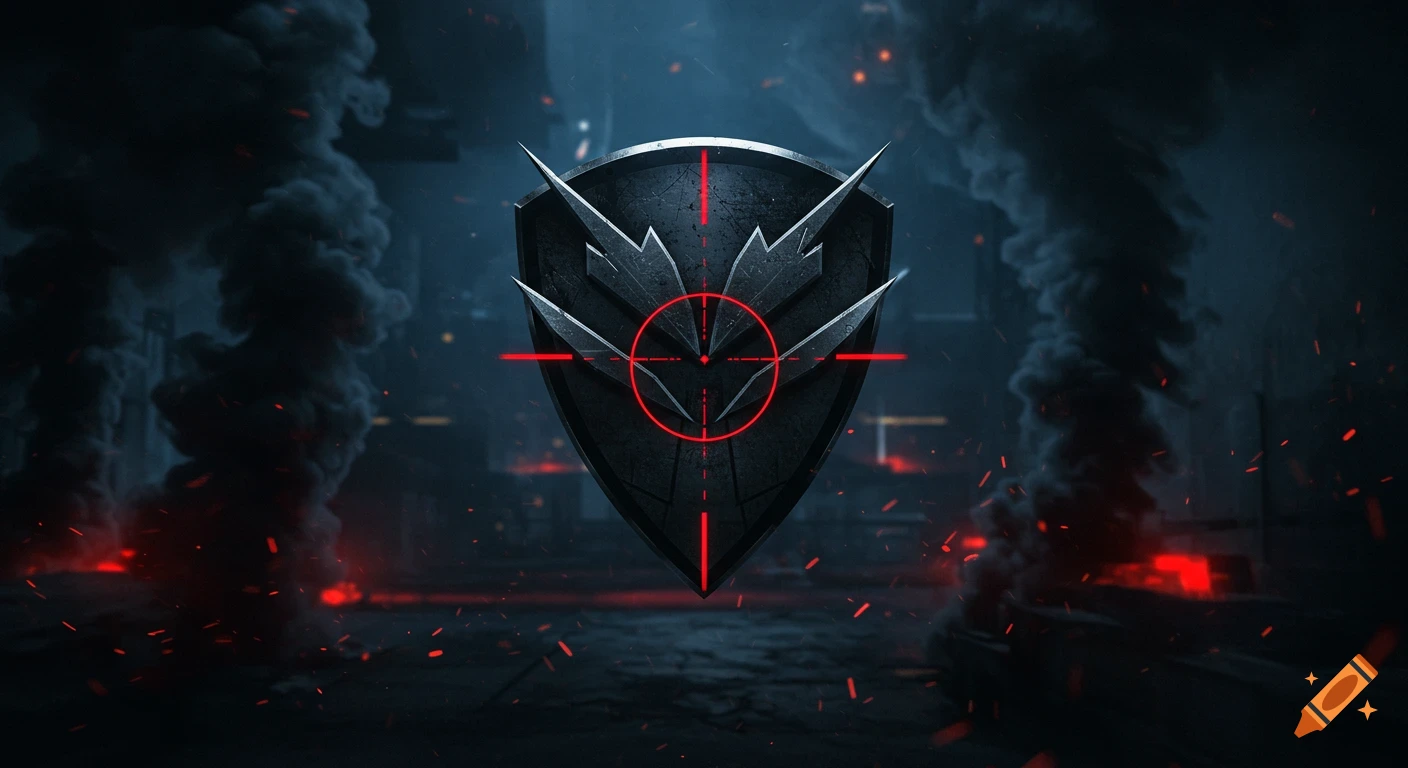 A dark, metallic shield emblem with a red crosshair, surrounded by smoke and embers in a ruined city background.