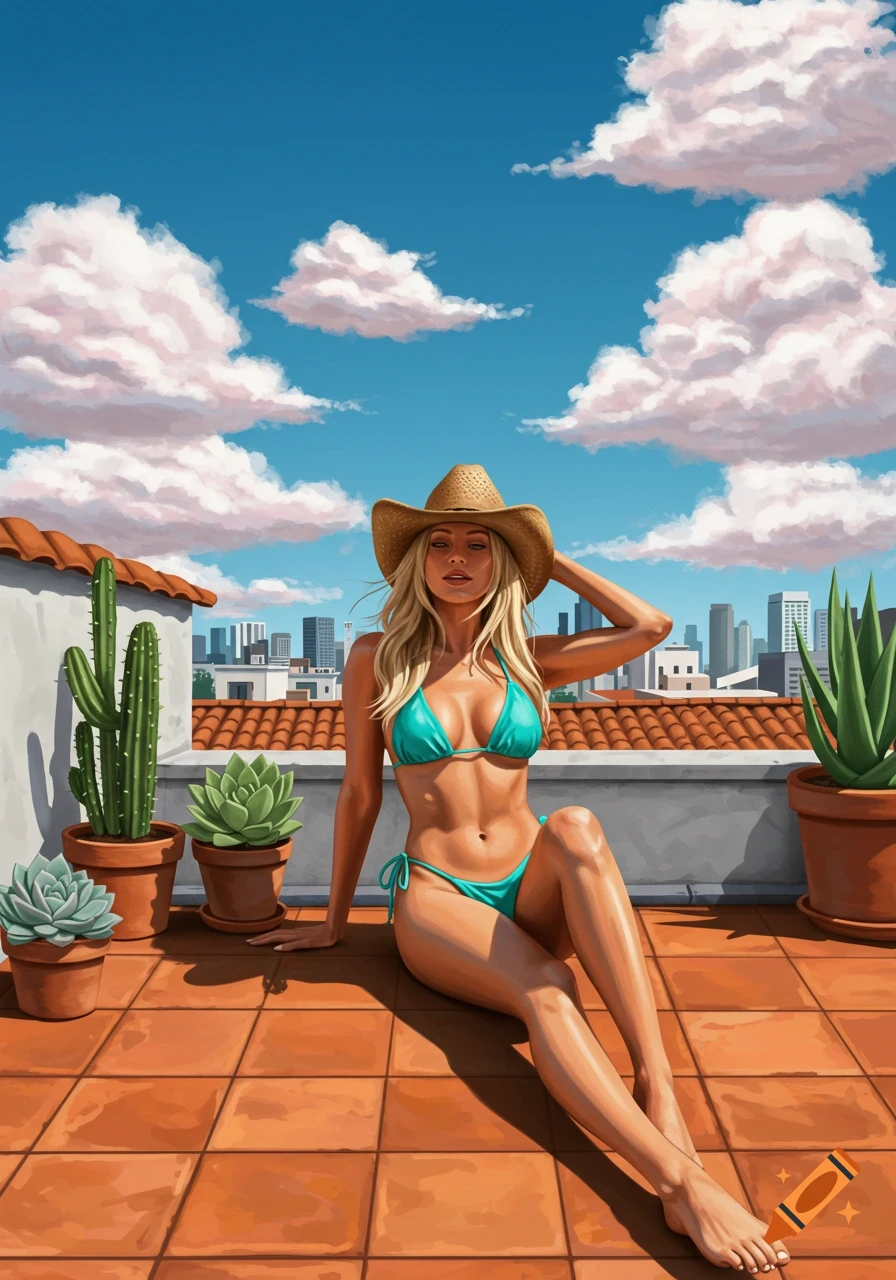 Illustrated blonde woman in a bikini and cowboy hat sitting on a sunny rooftop with potted plants and a city skyline in the background.