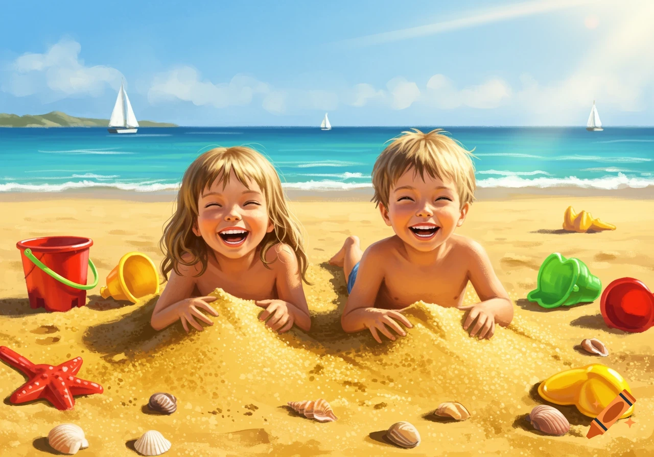 Illustration of two joyful, laughing children buried in sand on a sunny beach, with colorful toys, ocean, and sailboats in the background.