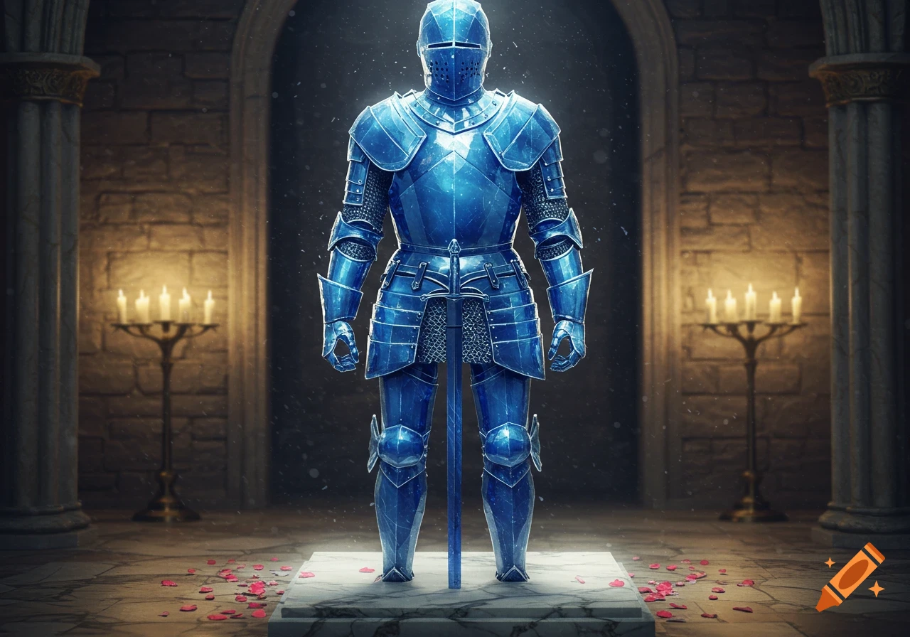 A shimmering blue glass medieval armor suit stands on a pedestal in a candlelit stone hall, with rose petals scattered on the floor.