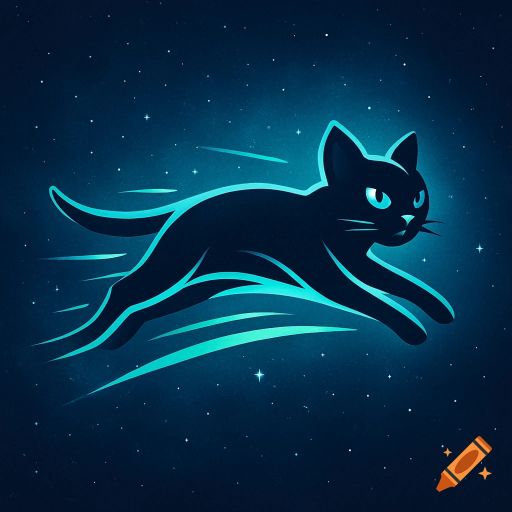 A stylized black cat with glowing aqua outlines leaps across a dark blue starry cosmic background, resembling a logo.