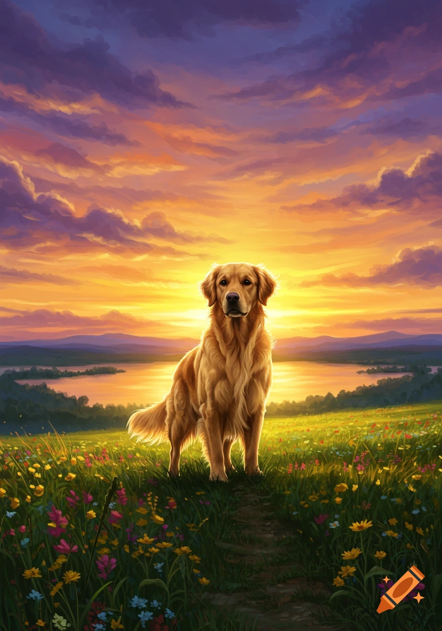 A golden retriever stands in a field of wildflowers at sunset ...