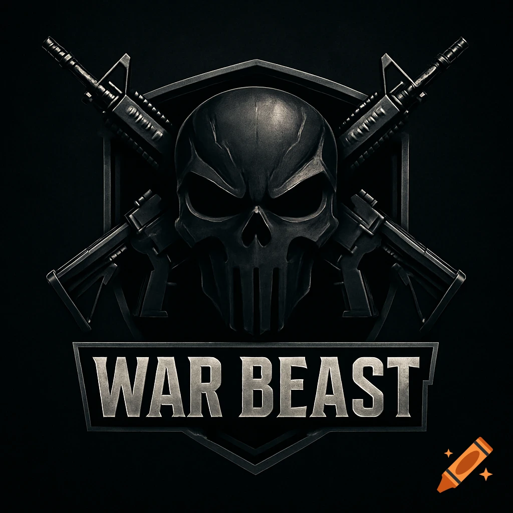 A dark, stylized logo featuring a Punisher-like skull, crossed modern rifles, and the text 'WAR BEAST'.