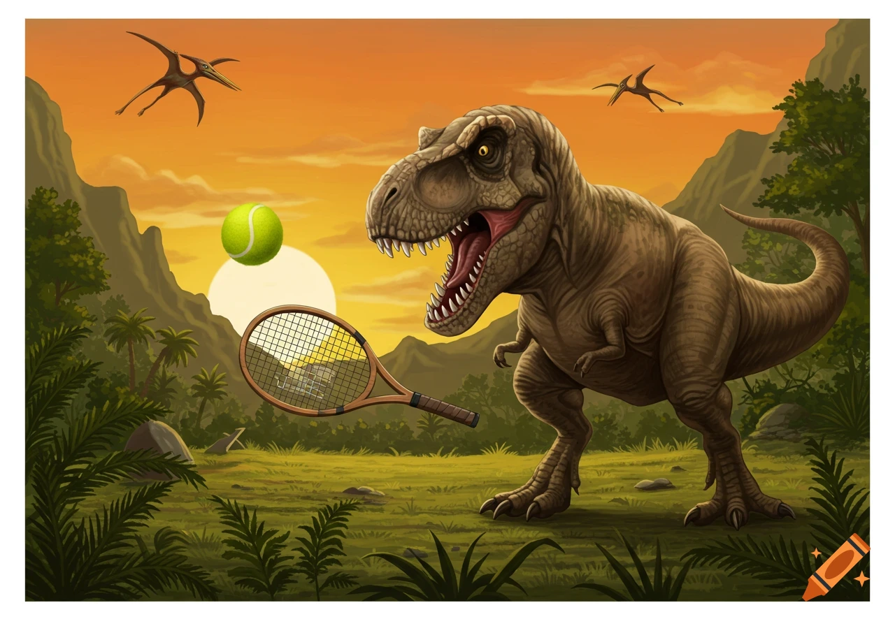 A cartoon T-Rex in a prehistoric jungle setting attempts to play tennis with a racket and ball, with pterodactyls flying overhead during sunset.