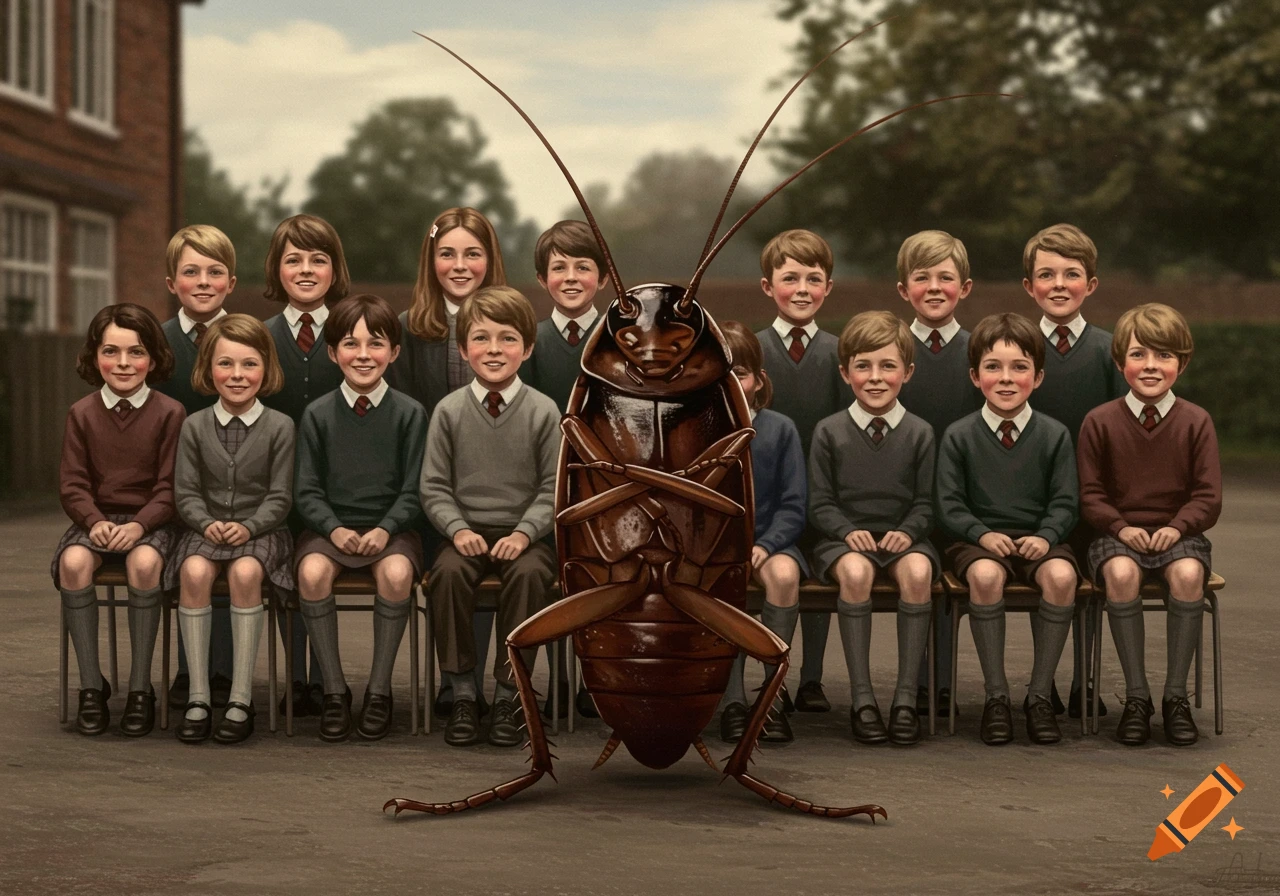 A group of school children in vintage uniforms posing for a school photo, with a large, upright cockroach with folded arms among them.