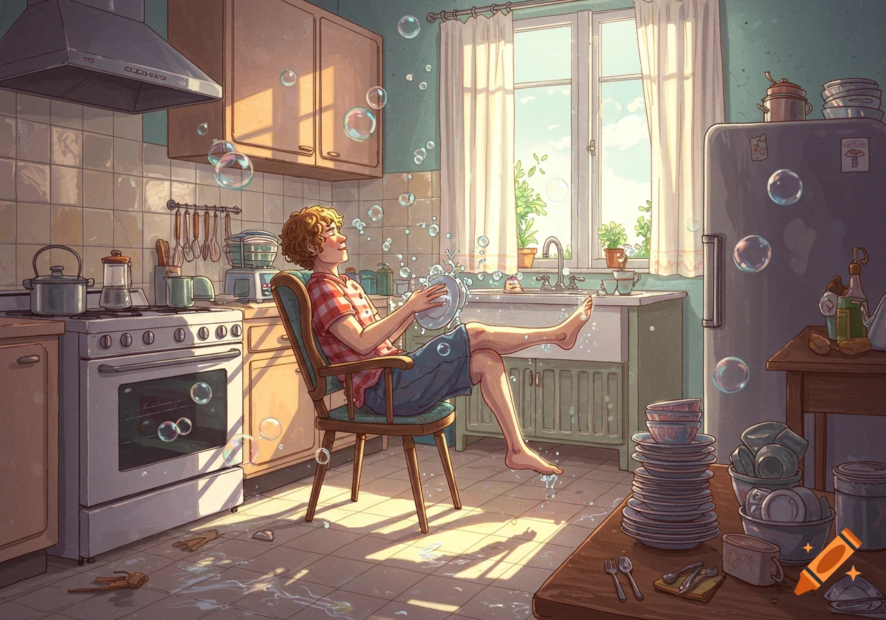Illustrated scene of a person sitting in a sunlit kitchen, feet up, washing dishes by hand amidst soap bubbles.
