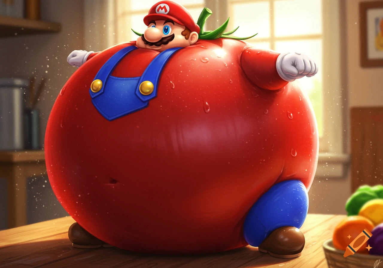 A giant, round, red Mario-faced tomato wearing overalls, standing on a wooden table in a sunlit kitchen.