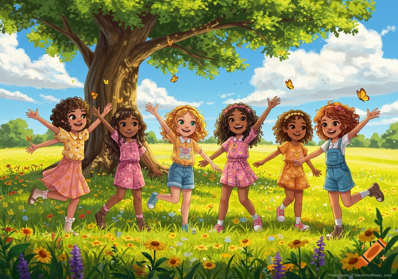 Colorful illustration of six happy diverse girls running through a sunny, flowery meadow with a large tree.