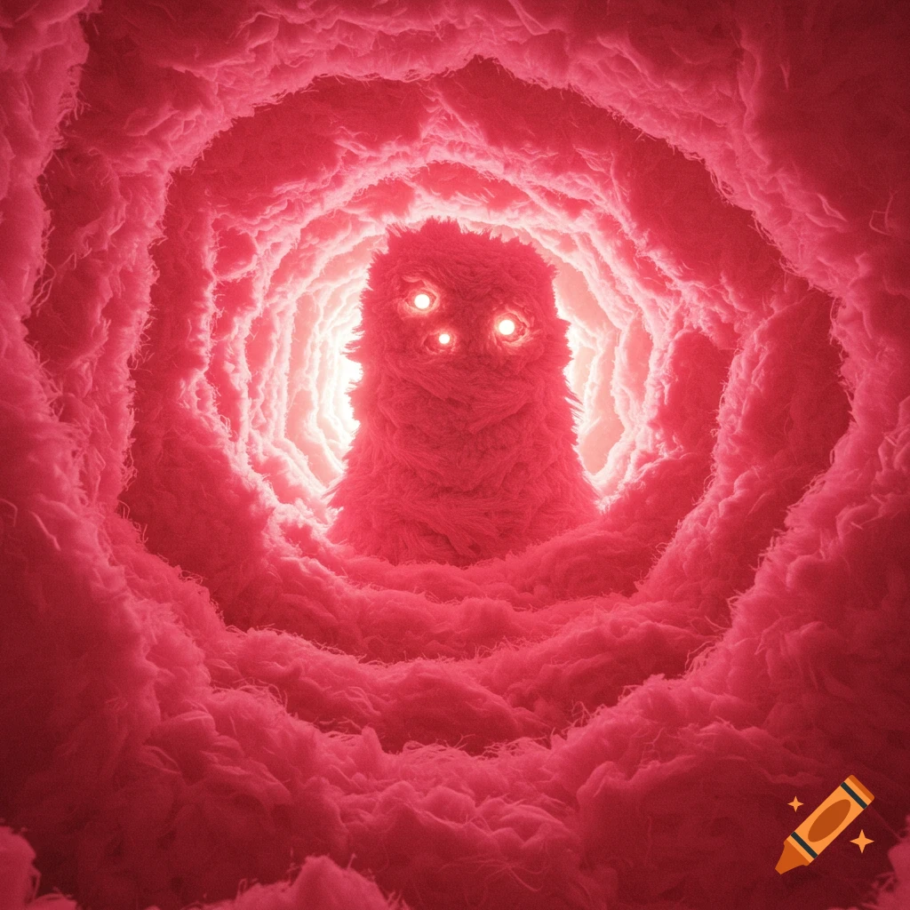 A furry pink monster with three glowing eyes in a tunnel of pink, textured material, resembling fiberglass insulation.