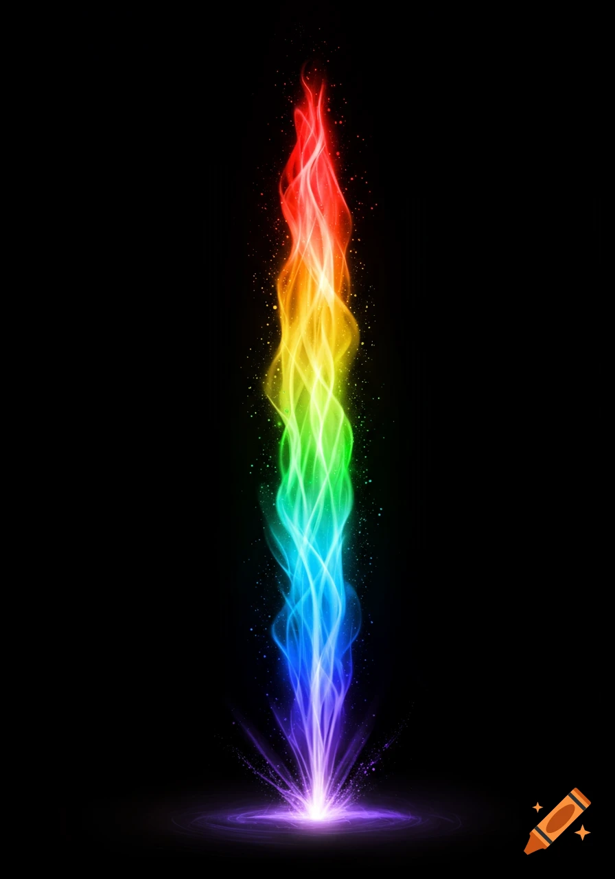 A vertical beam of ethereal rainbow-colored light or smoke rising from a purple base on a black background, with glowing particles.