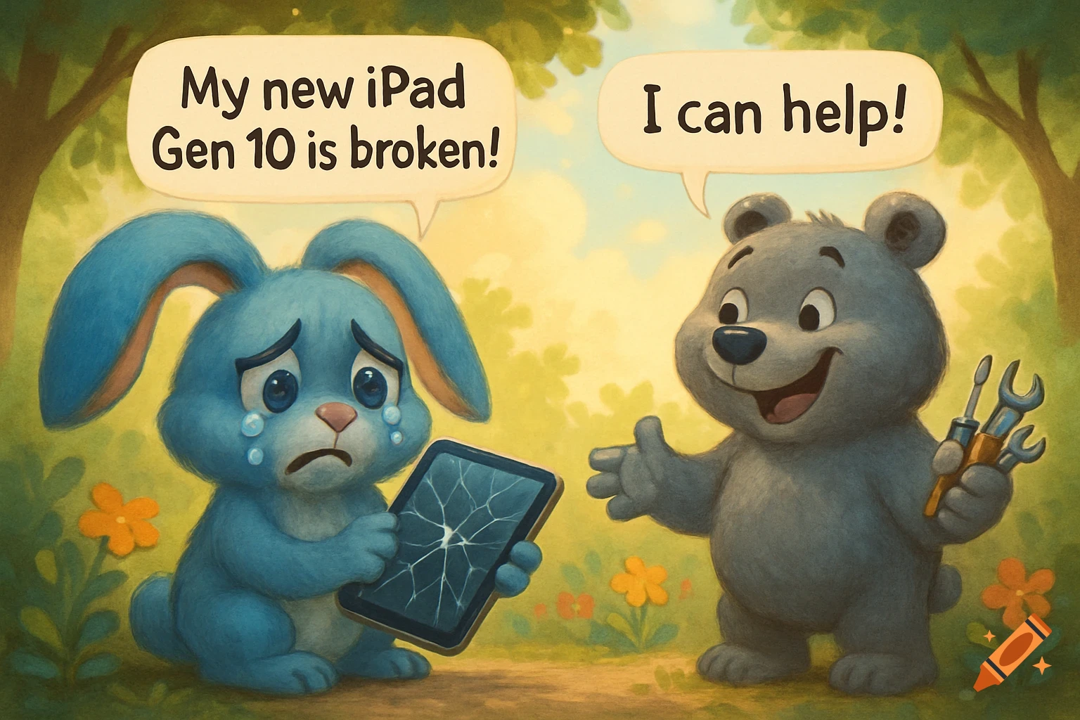 A sad blue cartoon rabbit holds a broken iPad with a thought bubble saying 'My new iPad Gen 10 is broken!'. A cheerful grey cartoon bear offers help with tools, saying 'I can help!'