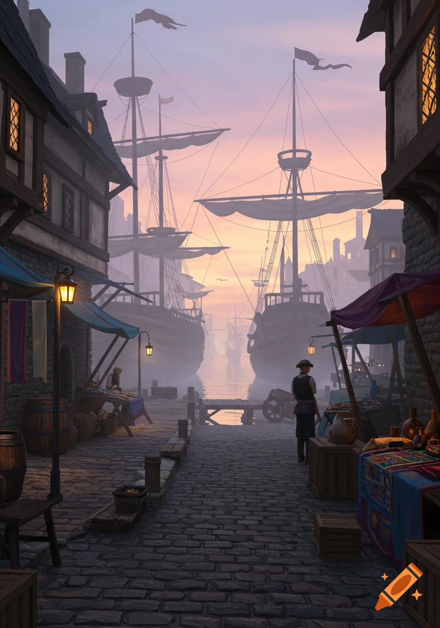 A hazy early morning view of a medieval fantasy port, with large sailing ships docked, market stalls, and stone buildings.