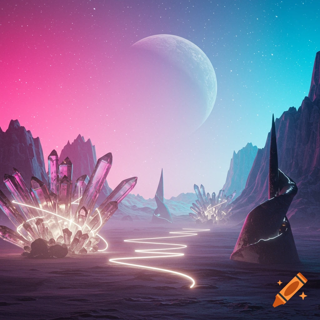 Vibrant alien landscape with glowing pink crystals, neon light trails, dark mountains, and a large moon in a pink and blue sky.