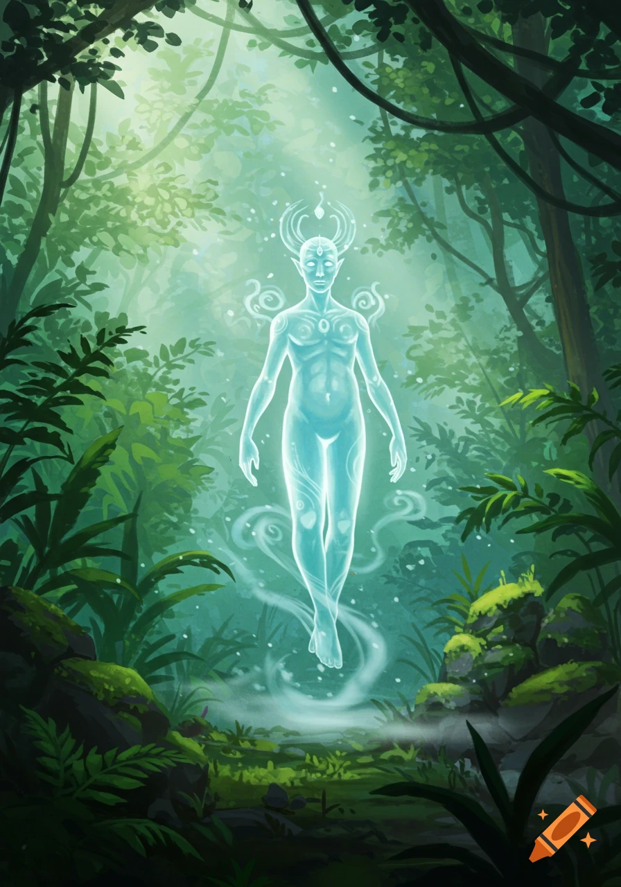 A glowing, ethereal humanoid figure floats in a lush, mystical jungle with light beams shining through.