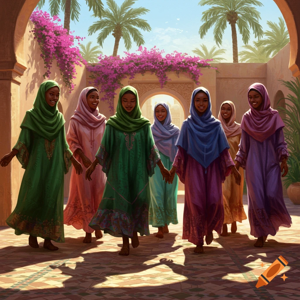 Smiling Black Muslim girls in colorful hijabs walk hand-in-hand through a sunlit courtyard with palm trees and pink flowers.