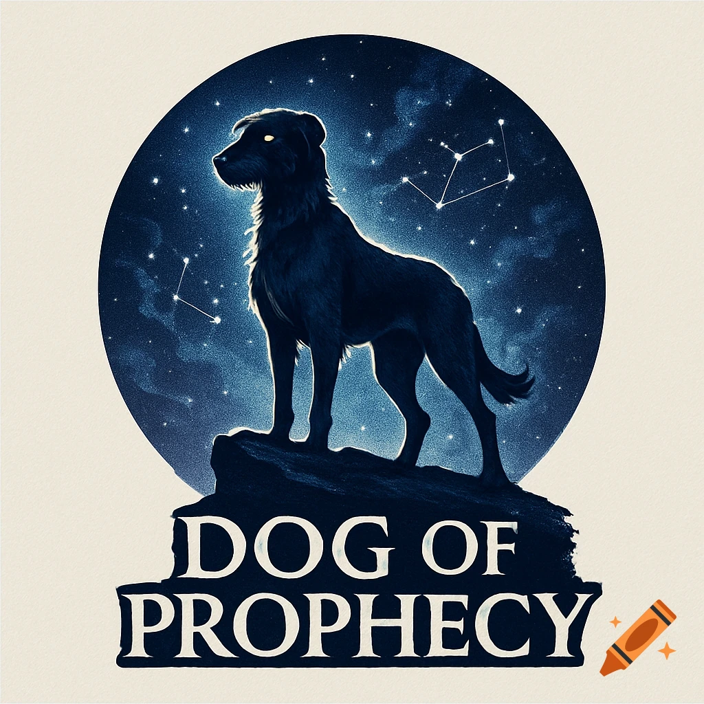 A black dog silhouette stands on a rock against a dark blue starry night sky with constellations, above the text "DOG OF PROPHECY".