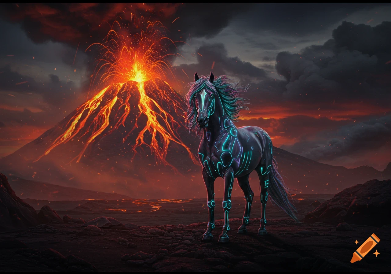 A glowing cyberpunk horse with neon blue accents stands before an erupting volcano with orange lava flows and dark, fiery clouds.