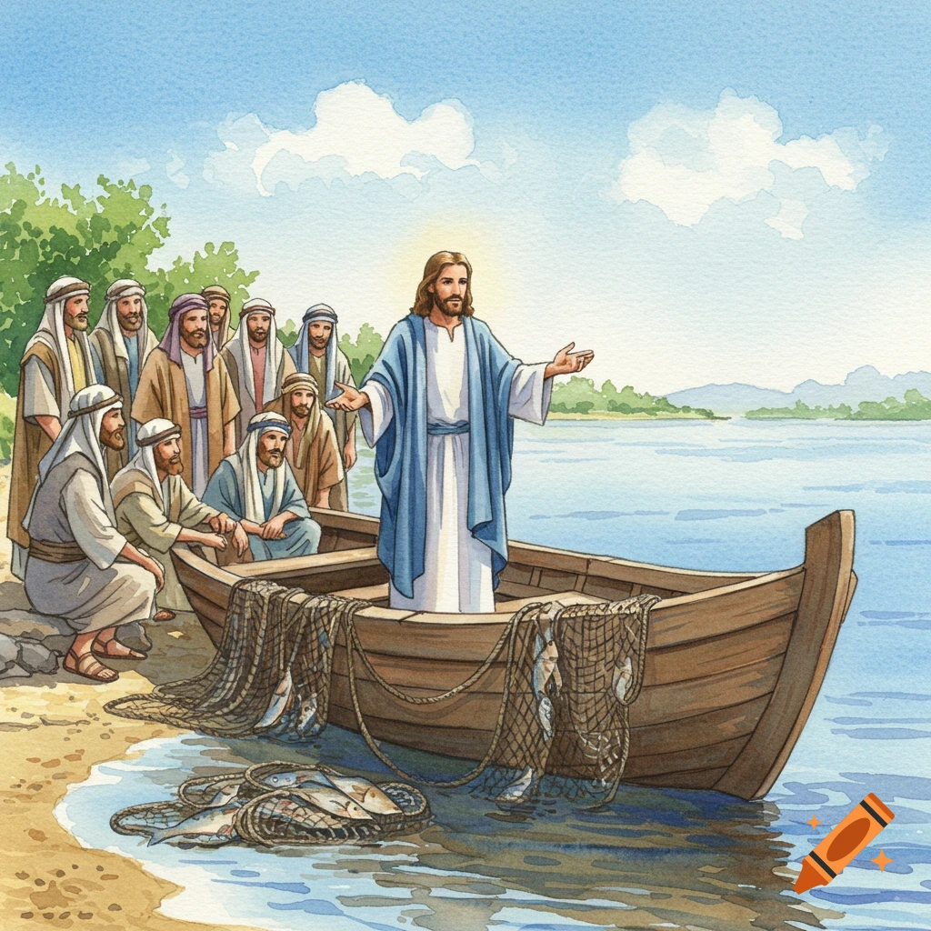 Jesus teaches disciples from a boat on a lake shore, with fishing nets and fish, in watercolor style.
