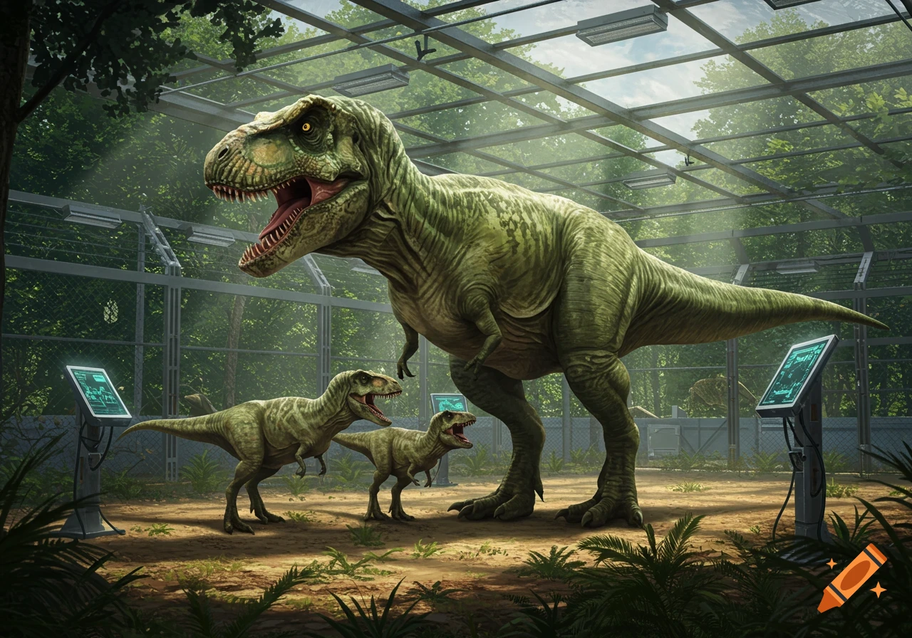 A realistic depiction of an adult and two juvenile Tyrannosaurus Rexes in a lush, glass-roofed research facility enclosure with data screens.