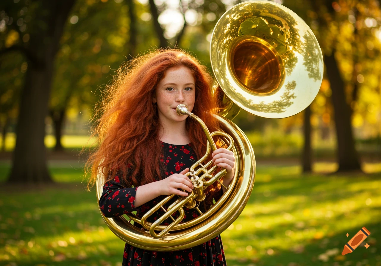 A red-haired girl with freckles plays a shiny brass sousaphone outdoors in a sunny park with autumn trees.