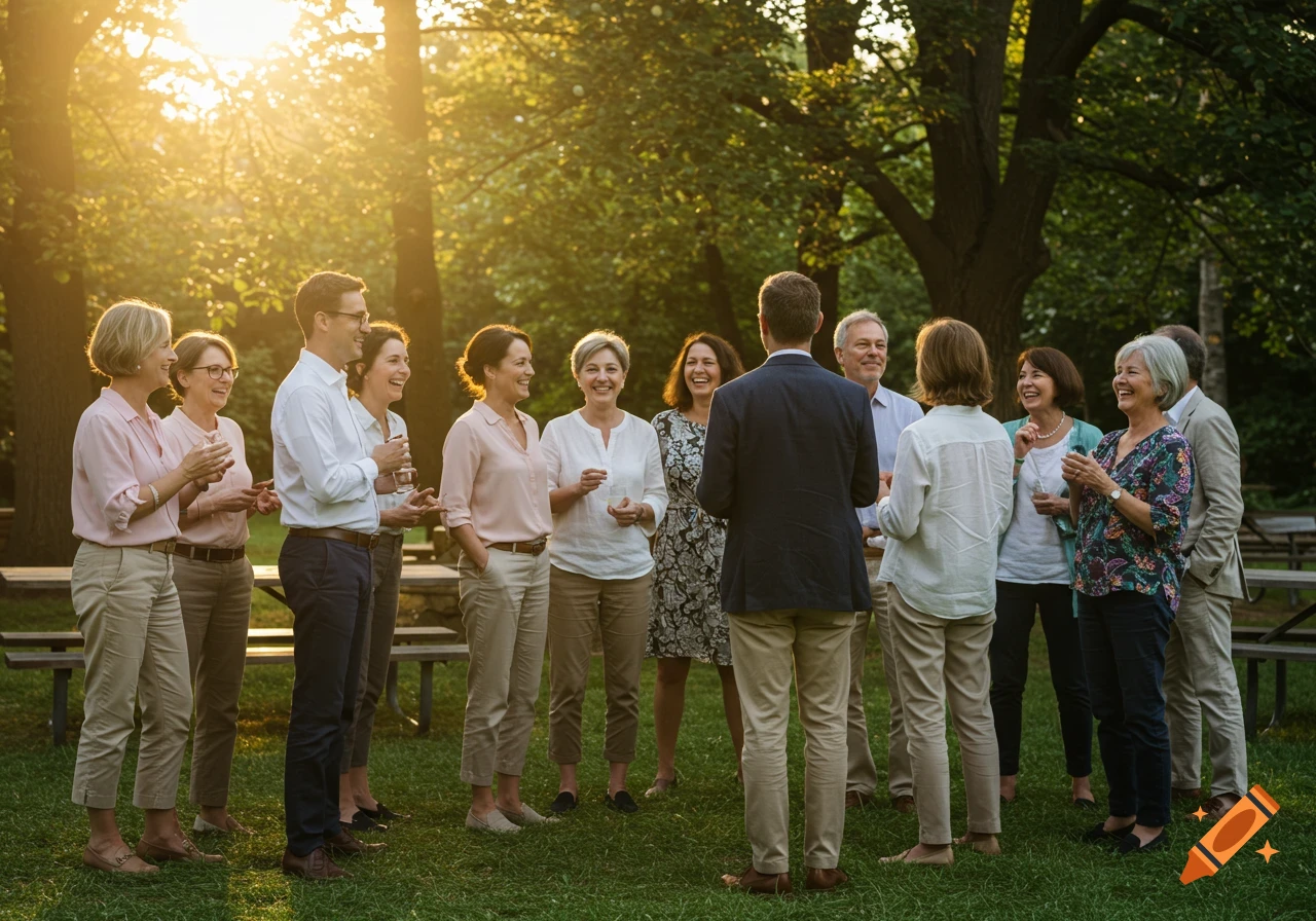A group of middle-aged adults smiling and socializing outdoors in a park during golden hour, bathed in warm sunlight.