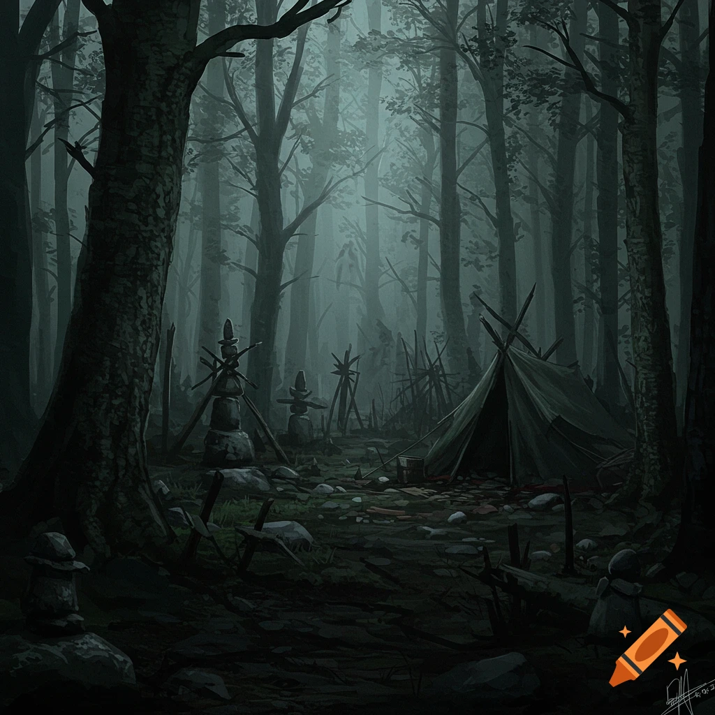 Dark, misty forest with a crude tent and paganistic totems, creating an eerie, stylized atmosphere.