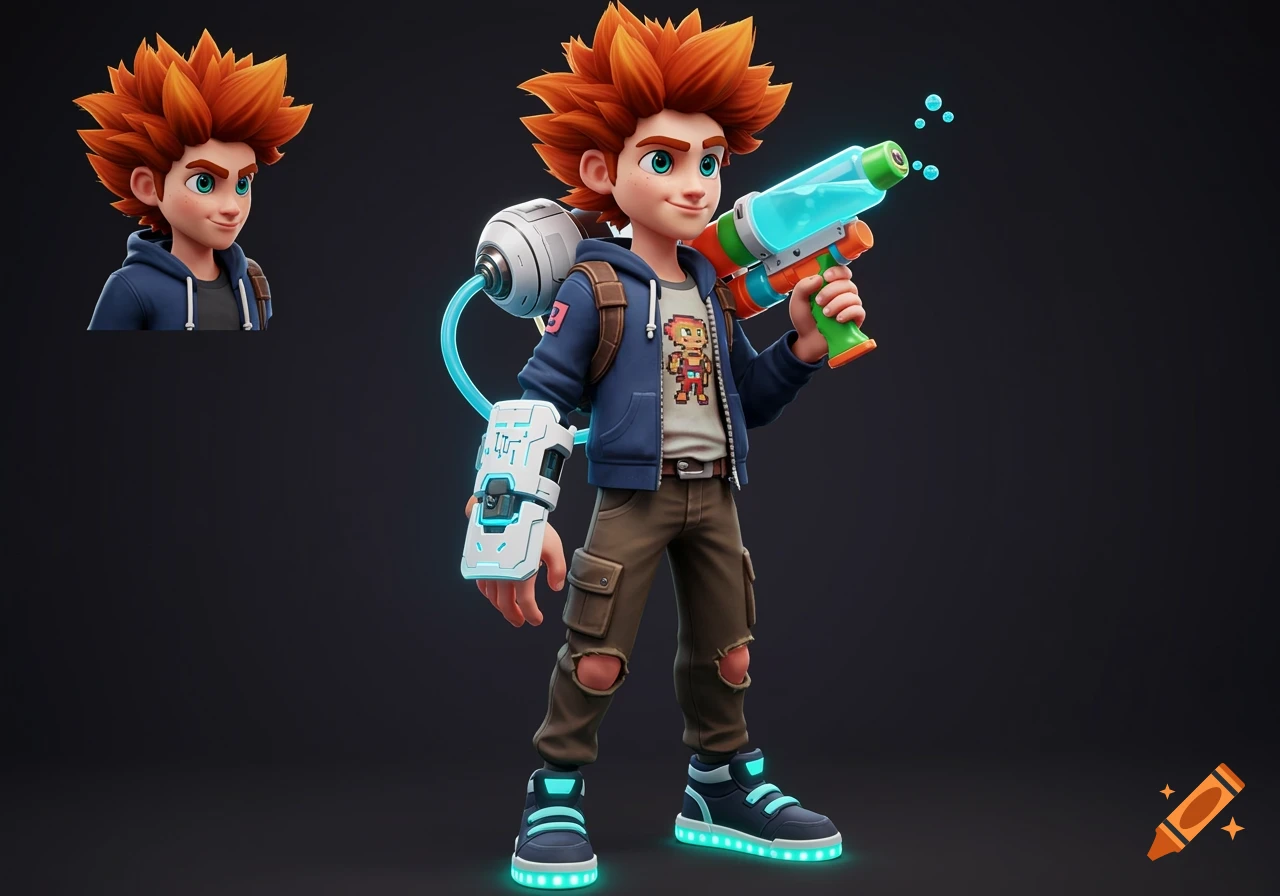 A stylized 3D video game character, a boy with orange hair, blue hoodie, LED sneakers, and a glowing super-soaker.