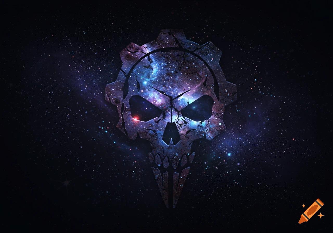 Stylized Gears of War omen skull logo filled with a galaxy of stars against a dark, cosmic background.