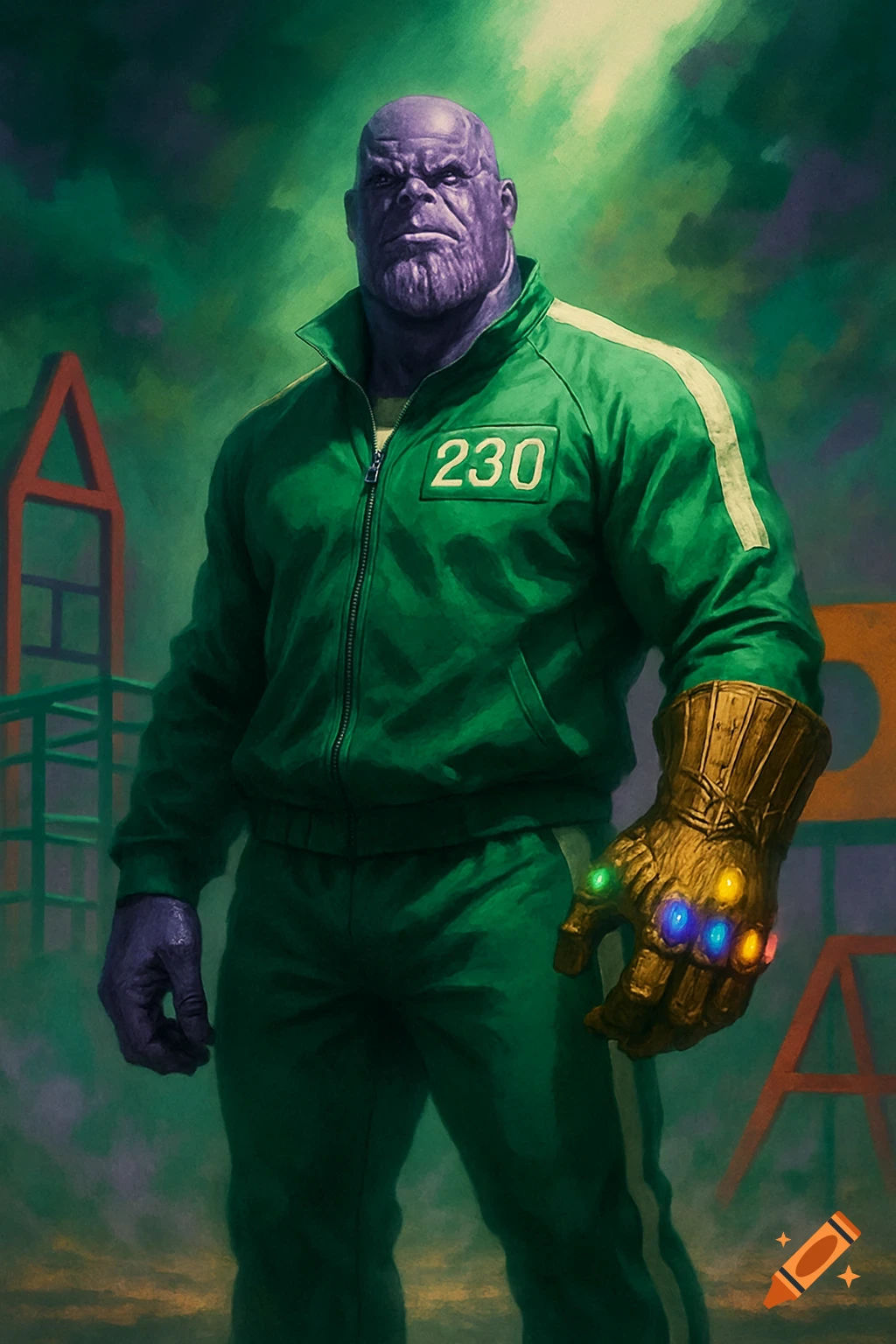 Thanos in a green Squid Game tracksuit with the Infinity Gauntlet, standing in a dark, stylized setting.