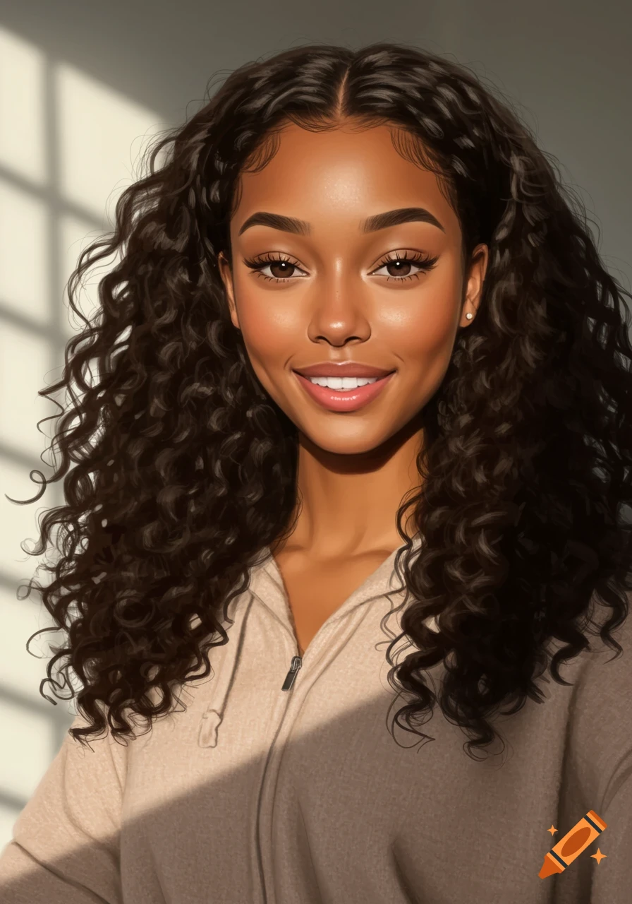 A photorealistic portrait of a young Black woman with long curly hair, smiling softly in natural sunlight, wearing a cozy hoodie.