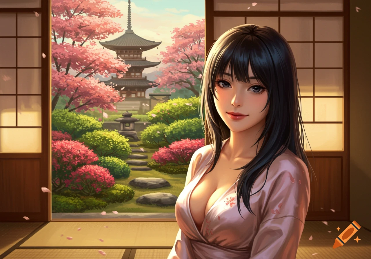 An anime-style Japanese woman in a pink kimono with visible cleavage sits by a window, overlooking a serene garden with a pagoda and blooming cherry blossoms.