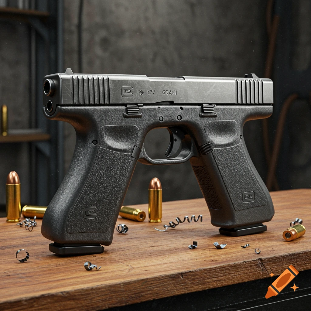 A close-up, photorealistic image of a black Glock 17 handgun with bullets and metal shavings on a wooden table.