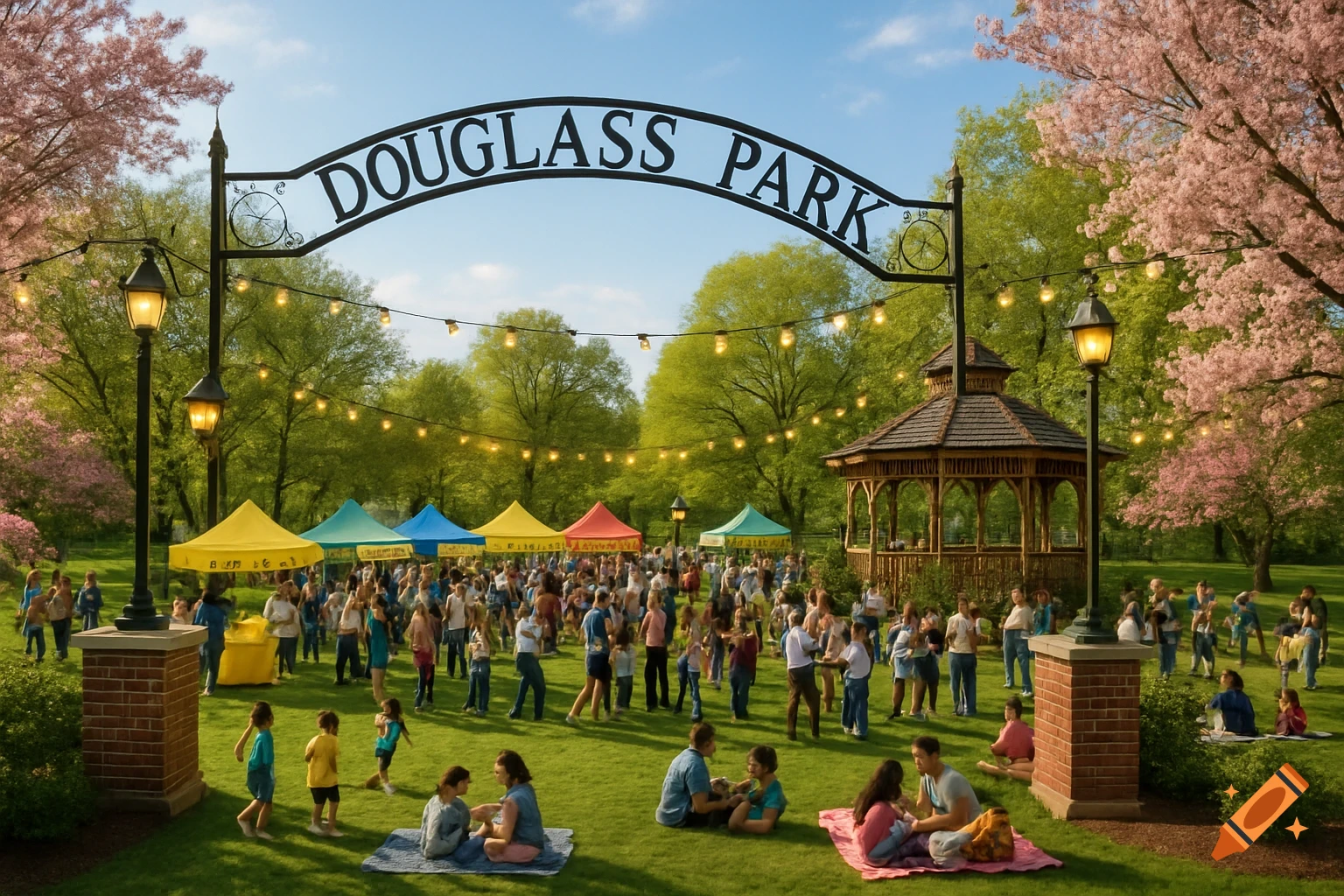 A vibrant outdoor spring event in Douglass Park with colorful tents, a gazebo, string lights, and many people gathering.