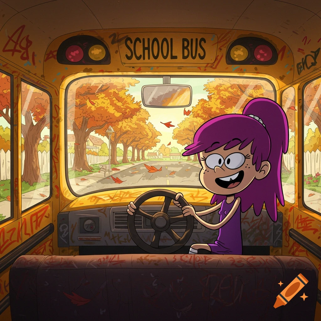 Animated Lucy Loud with purple hair happily driving a yellow school bus down an autumn road filled with colorful trees and falling leaves.