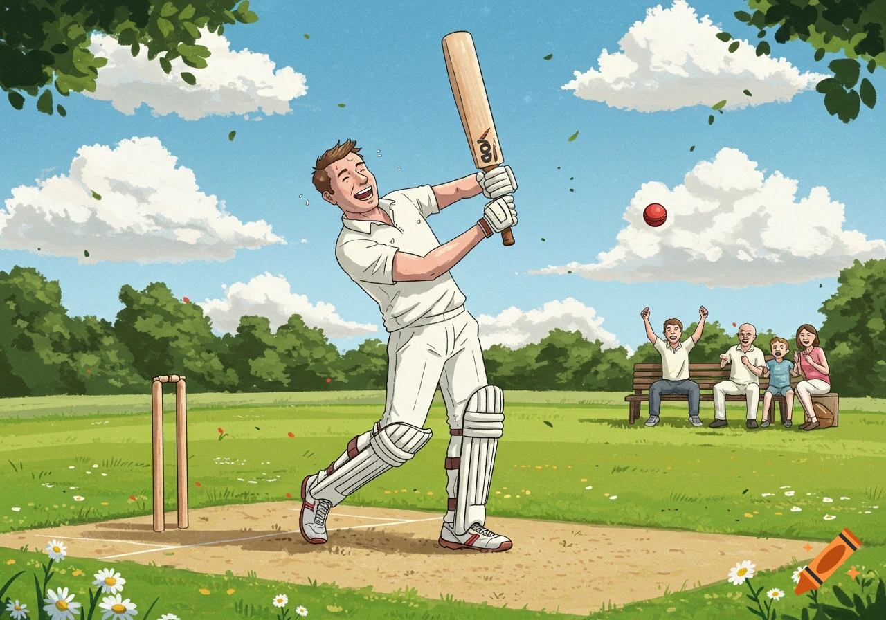 A man in cricket whites swings a bat on a sunny field, hitting a red ball. A family watches from a bench in the background.