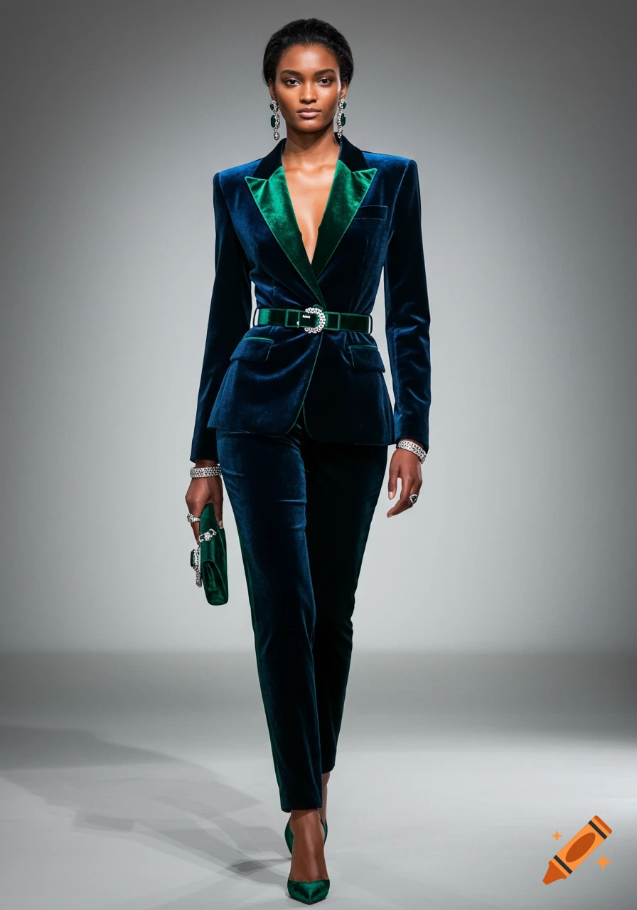 A fashion model in a dark teal velvet pantsuit with green lapels, matching belt, emerald earrings, and clutch, photorealistic style.
