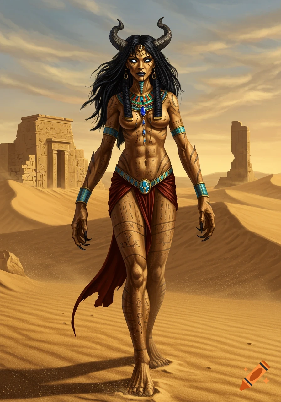 A dark-skinned monster woman with horns and glowing eyes, adorned with ancient Egyptian-style jewelry and body markings, stands in a desert with ruins.