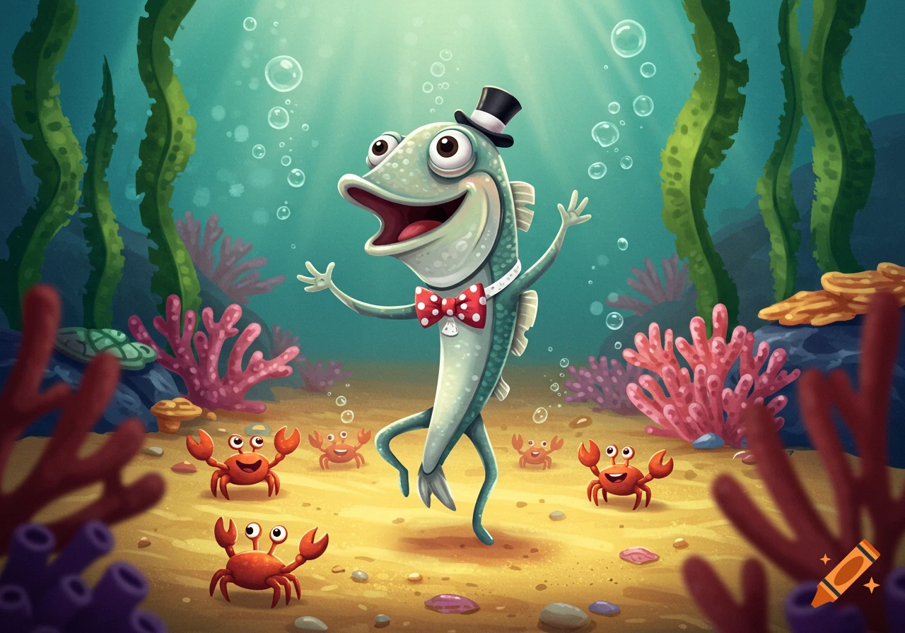 A funny, silly cartoon fish wearing a top hat and bowtie dances underwater amidst coral, seaweed, and smiling crabs.